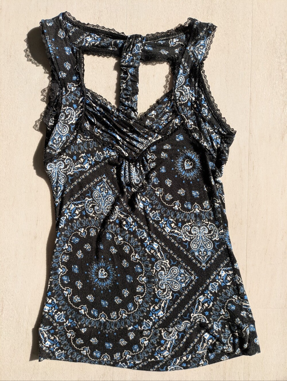 Sleeveless Black Paisley Print Tank Top - Blue & White Accents